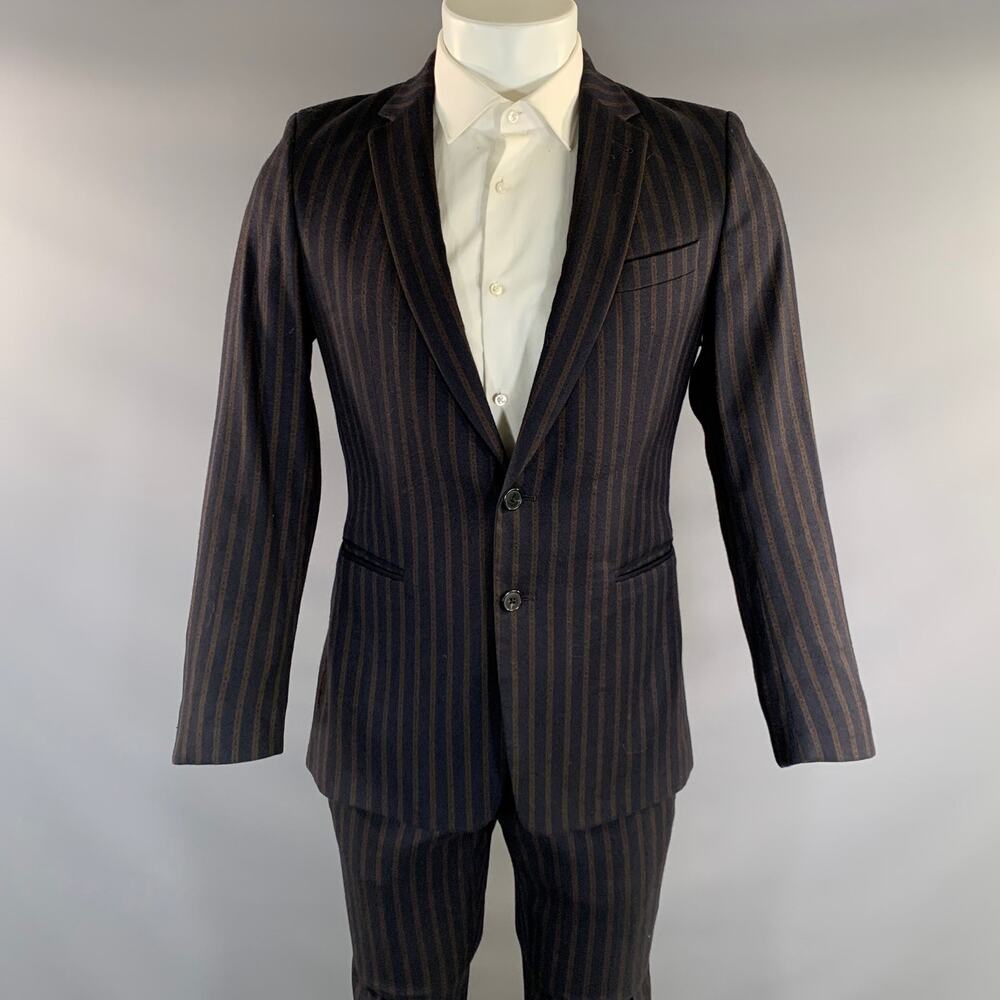 DRIES VAN NOTEN Chest Size 38 Navy Brown Stripe Wool Blend 31 30 Suit